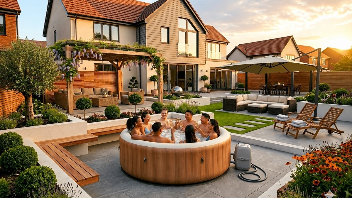 Luxury hot tub set in a lush garden